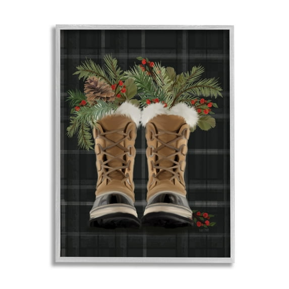 Cozy Winter Boots Holly Fir Sprig Arrangement Botanical & Floral Painting Framed Art Print Wall Art
