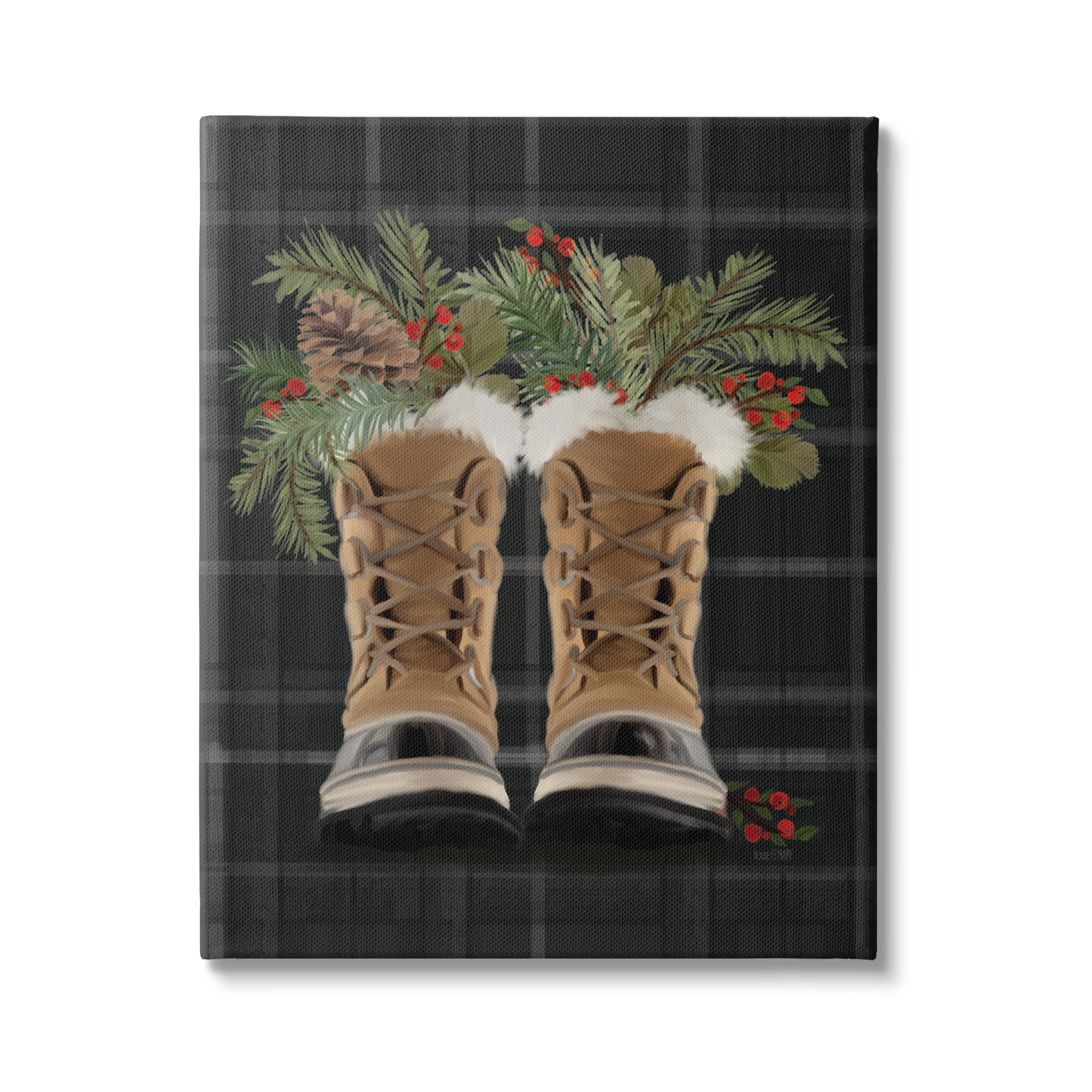 Cozy Winter Boots Holly Fir Sprig Arrangement Botanical & Floral Painting Gallery-Wrapped Canvas Print Wall Art