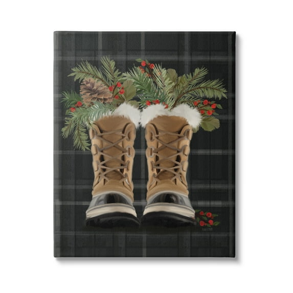 Cozy Winter Boots Holly Fir Sprig Arrangement Botanical & Floral Painting Gallery-Wrapped Canvas Print Wall Art