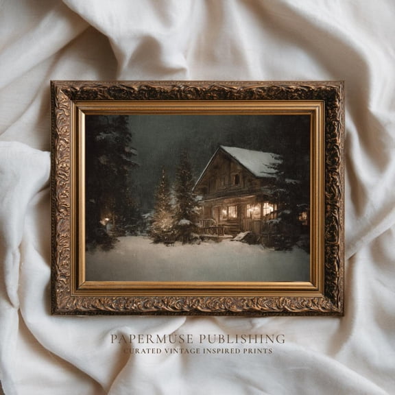 Cozy Winter Cabin In Snow, Cottage Art, Vintage Woodland Landscape , Snowy Forest,Home Decor,, Stretched Canvas Size 12x18