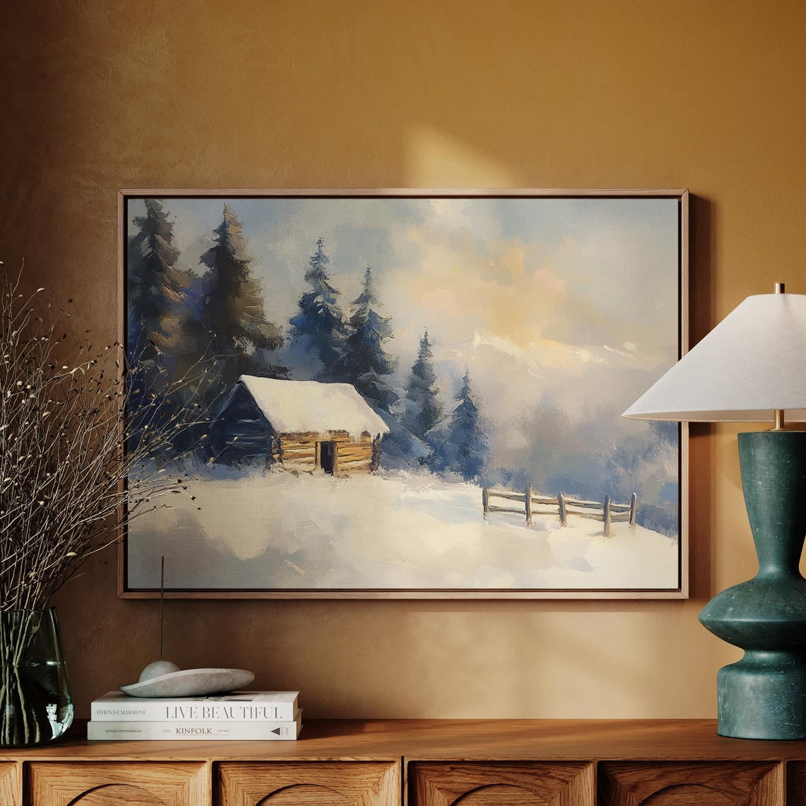Cozy Winter Cabin In Snowy Landscape – Rustic Log Cabin Art – Serene ...