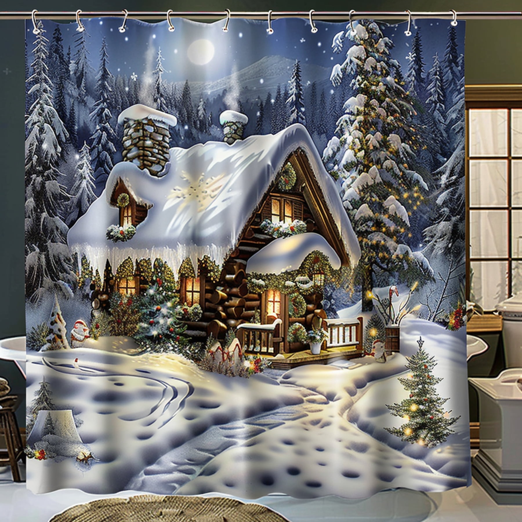 Cozy Winter Cabin Shower Curtain Festive Holiday Decor Snowy Woods