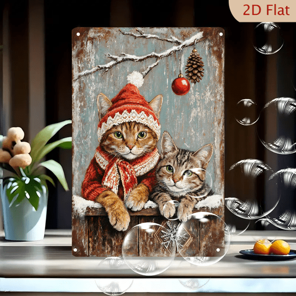 Cozy Winter Cats Art Print, 8x12 Inch Vintage Blue Wood Background with Orange Tabby Cat in Red Knit Hat and Scarf, Kitten on Snowy Ledge, Rustic Shabby Chic Christmas Wall Decor for Home