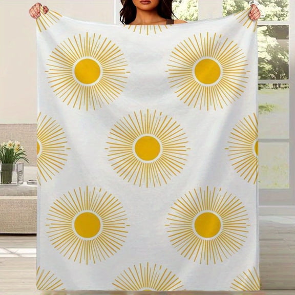 Cozy Winter Flannel Sunflower Print Blanket - Soft Warm All-Season Bedspread, White & Yellow Modern Design for Bed, Couch, Floor - Durable Easy-Care Home Decor Gift