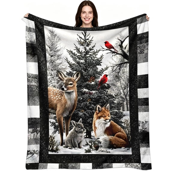 Cozy Winter Forest Deer Fox Rabbit Cardinal Flannel Blanket, Warm Soft Cozy Throw, Rustic Holiday Decor for Couch Bed Sofa, Perfect Festive Winter Christmas Gift for Family Friends
