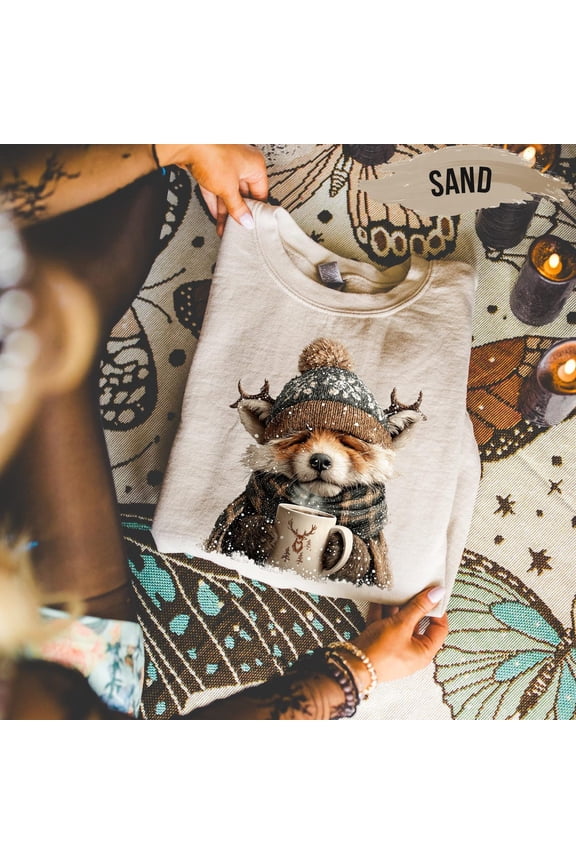 Cozy Winter Fox Sweatshirt – Cute Animal Coffee Mug Sweater – Pullover Tshirt All Size S-5XL