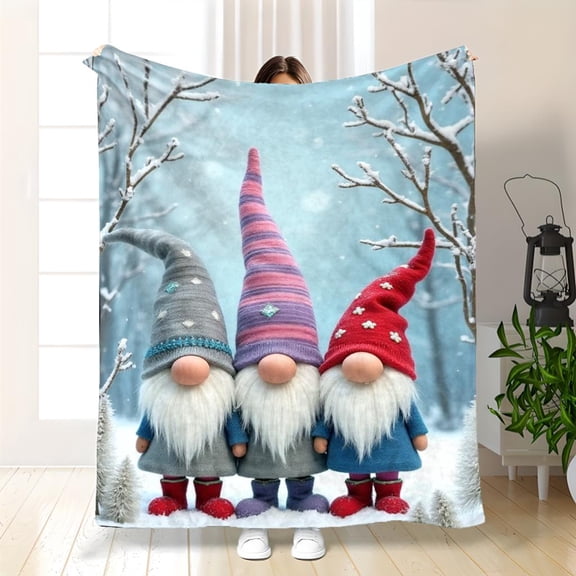 Cozy Winter Gnome Trio Blanket - Soft Flannel Throw Blanket with Gnome Patterns, Snowy Forest, and Warm Reunion Scene