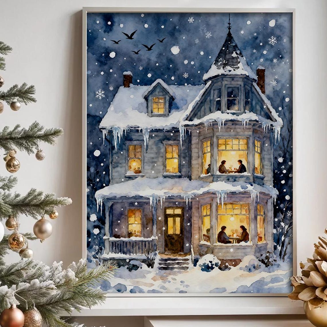 Picture Idea: Cozy Winter Home Art Snowy Night Family Illustration Home Decor