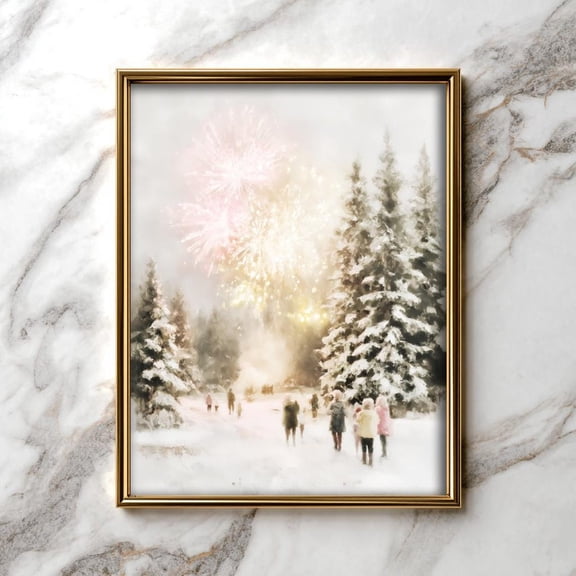 Cozy Winter Landscape Poster, Snowy Evergreen Trees & Celebratory Fireworks, Tranquilwall Art, Painterly 88, Unframed Canvas Size 24x36