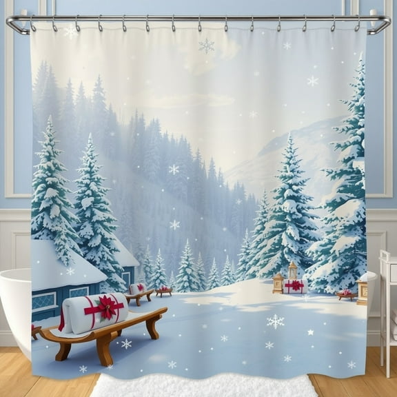 Cozy Winter Landscape Shower Curtain - Snowy Pines & Houses, Festive Decor