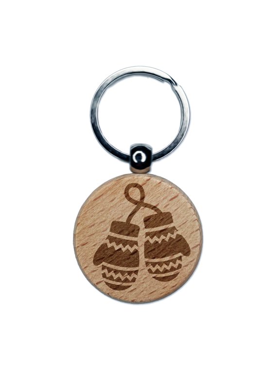 Cozy Winter Mittens Round Keychain Charm Tag - Engraved Wood