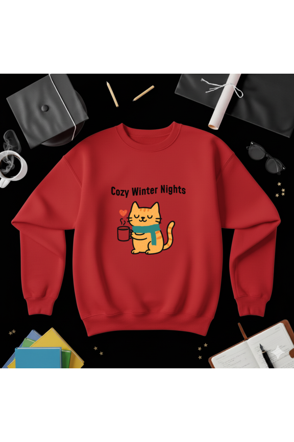 Cozy Winter Nights Cat With Coffee Warm Holiday Relaxed Mood Sweatshirt, up to size 5XL