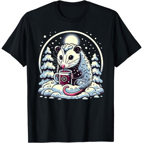 Calif Snow Cozy Winter Opossum Hot Chocolate Night Snow Falling Possum T-Shirt ...