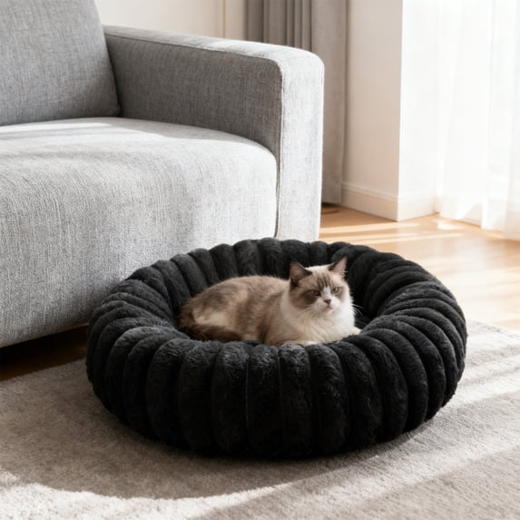 Cozy Winter Pet Bed with Plush Fleece Fabric, Enclosed Ribbed Design, and Non-Slip Base for Cats and Small Dogs