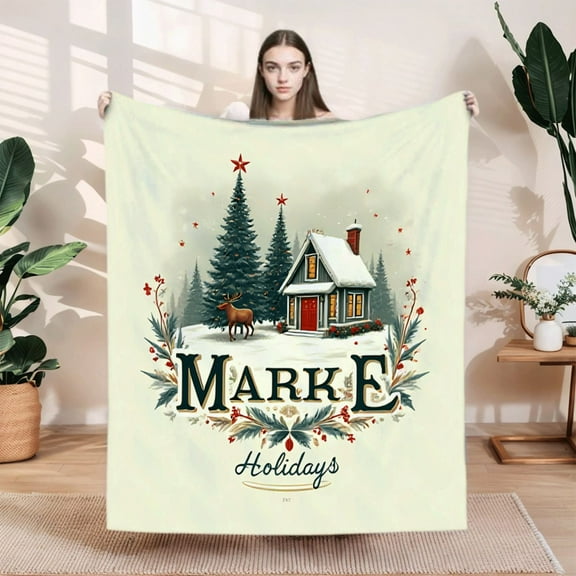 Cozy Winter Scene Flannel Blanket - Soft & Warm Festive Ornaments Design for Sofa Travel Bed & Chair - Perfect Holiday Comfort