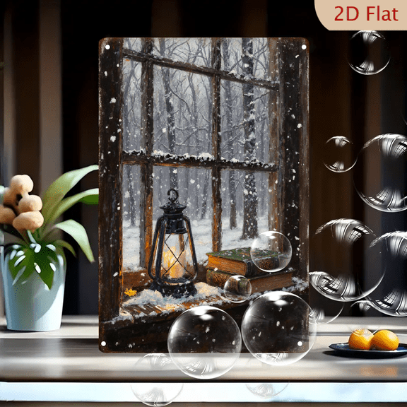 Cozy Winter Scene Painting, 8x12 Inches Metal Wall Art with Snowy Forest View, Vintage Books and Glowing Lantern, Warm Nostalgic Home Decor for Living Room