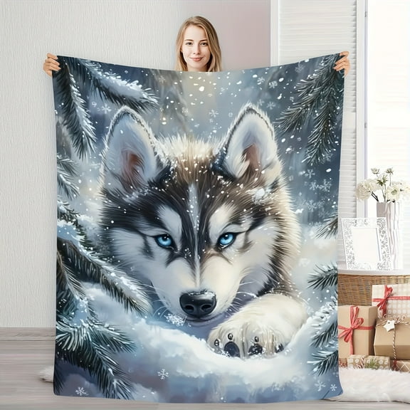 Cozy Winter Snow Wolf Pattern Throw Blanket – Nordic Style Art Design with Snowy Wolf Scene, Soft Flannel Fleece, Warm and Comfortable for Living Room, Bedroom, Travel, and Camping,