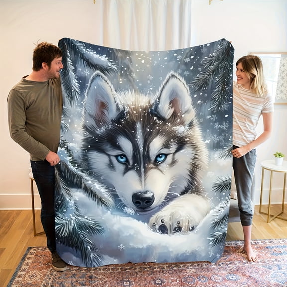 Cozy Winter Snow Wolf Pattern Throw Flannel Blanket – Nordic Style Art Design with Snowy Wolf Scene,Warm and Comfortable for Living Room, Bedroom, Travel