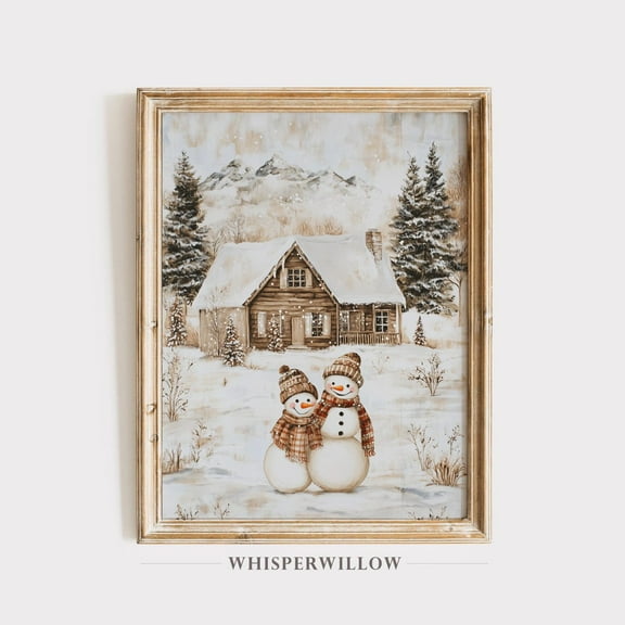 Cozy Winter Snowmen Mountain Cabin Scene, Winter Landscape, Snowy Wall Art Print Warm Present Vintage UNFRAMED Poster Size 8x12