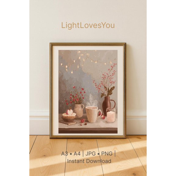 Cozy Winter Still Life Print | Apple Pie | Coffee, Stretched Canvas 16x20in