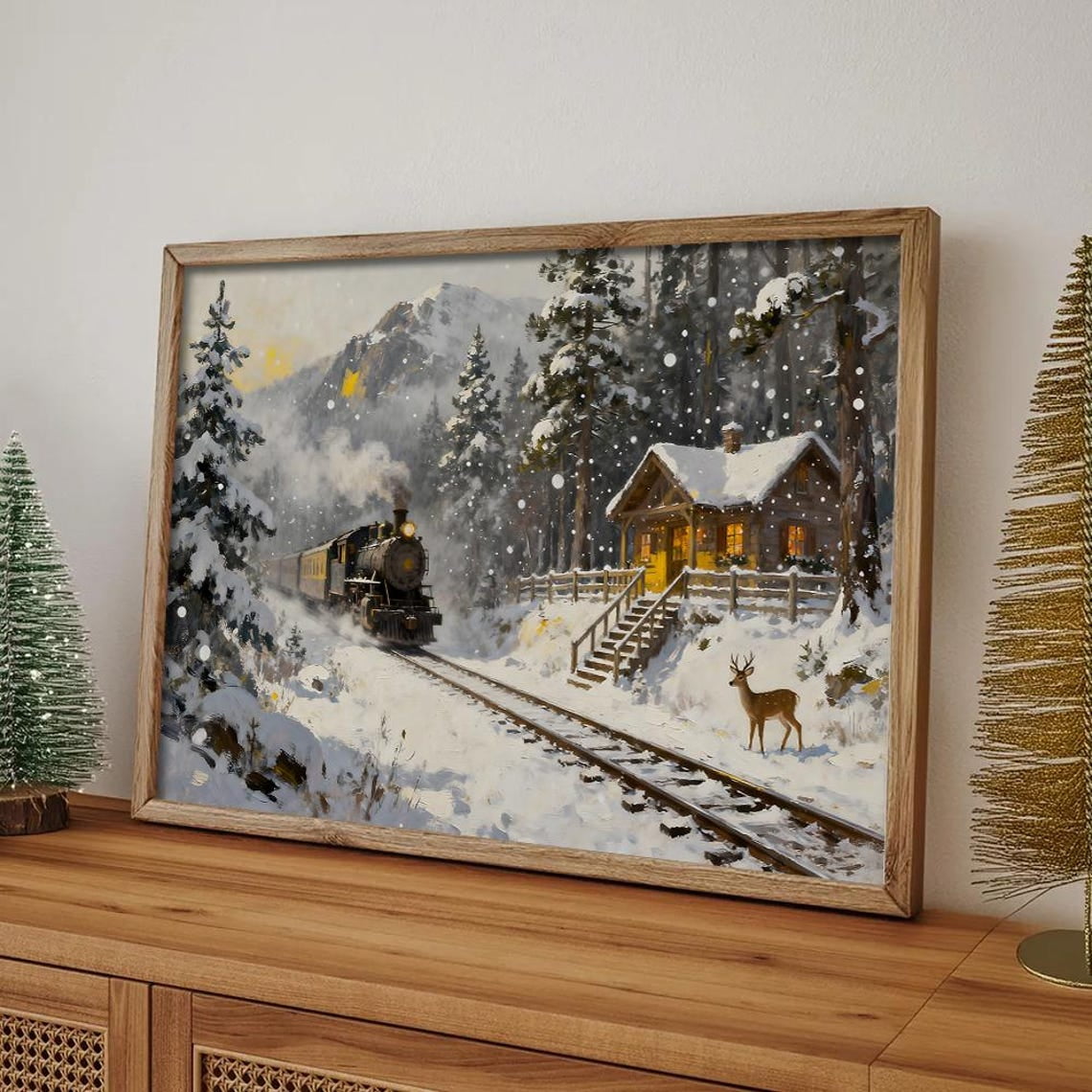 Cozy Winter Train Wall Art Poster, Vintage Steam Engine In Snowy Forest ...