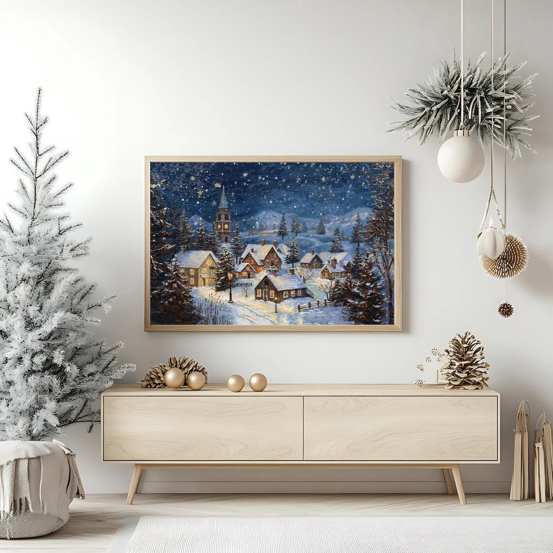 Cozy Winter Village Wall Art, Snowy Town Art Print,Wall Decor, Peaceful ...