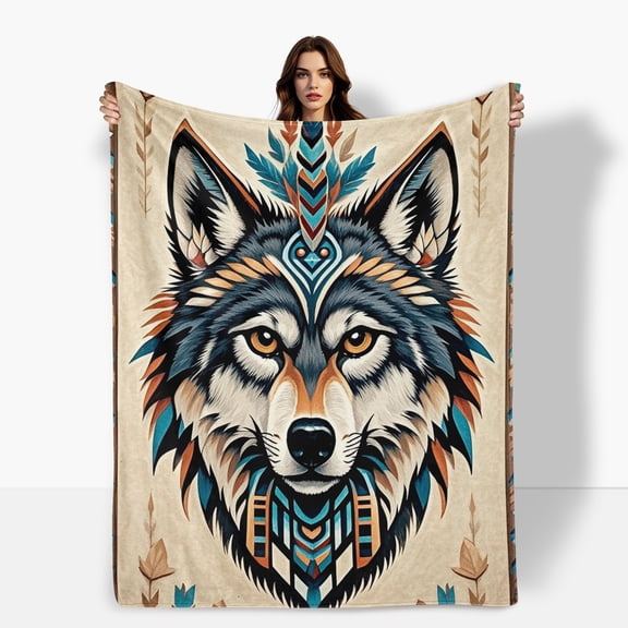 Cozy Wolf Design Decorative Flannel Blanket For Sofa Bed Travel Camping Living Room Office Chair Polyester Fiber Gift For Family Or Friends