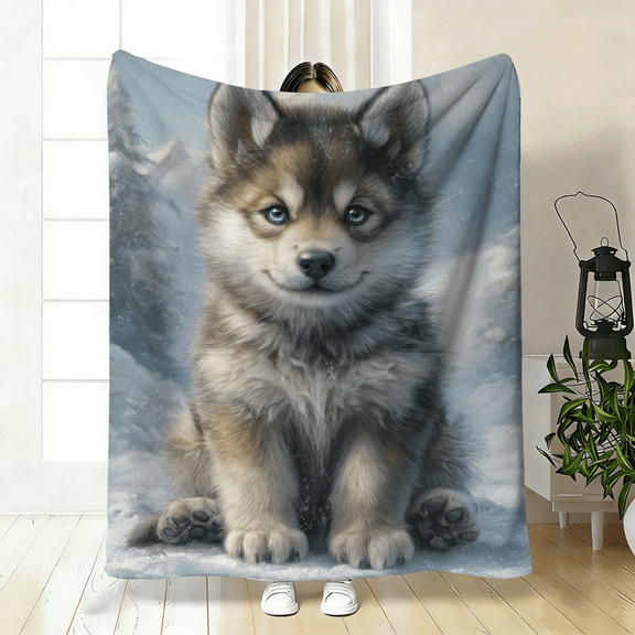 Cozy Wolf Dog in Snow Print Blanket, Soft Ultrasound-Pressed Flannel Bedspread, Machine Washable Throw for Sofa Bed Car Camping, Contemporary Winter Snowscape