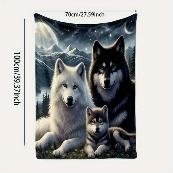 Cozy Wolf Family Flannel Blanket - Soft Lightweight All-Season Throw with Wolf Pack Mountain Starry Night Design for Bed, Camping, Sofa & Office
