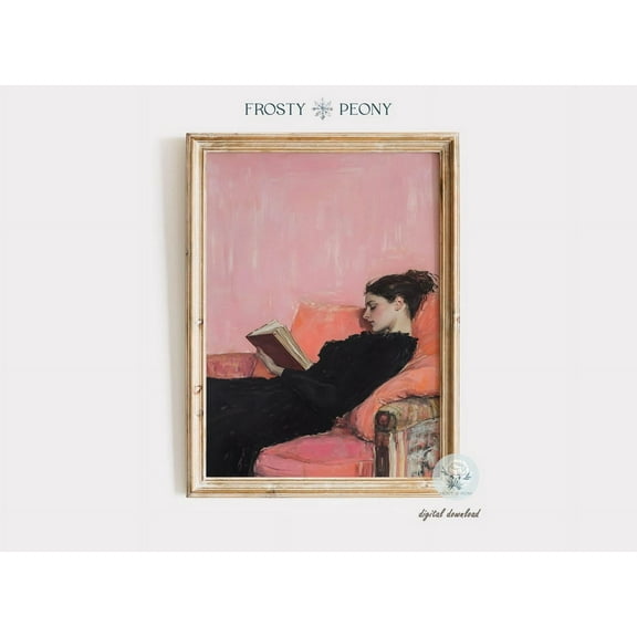 Cozy Woman Reading On Pink Sofa Art Print, Coquette Wall Decor, Elegant Reading Nook Art, Wall Art, Modern Wall Decor, 8x12 UNFRAMED