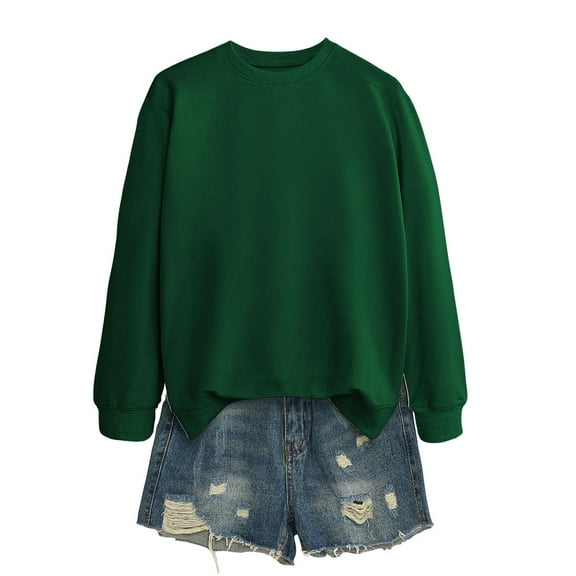 Cozy Women’s Casual Crew Neck Pullover Sweatshirt, Long Sleeve Solid Color Oversized Tops, Loose Fit Lightweight Jumper for Fall and Winter Outfits Dark Green