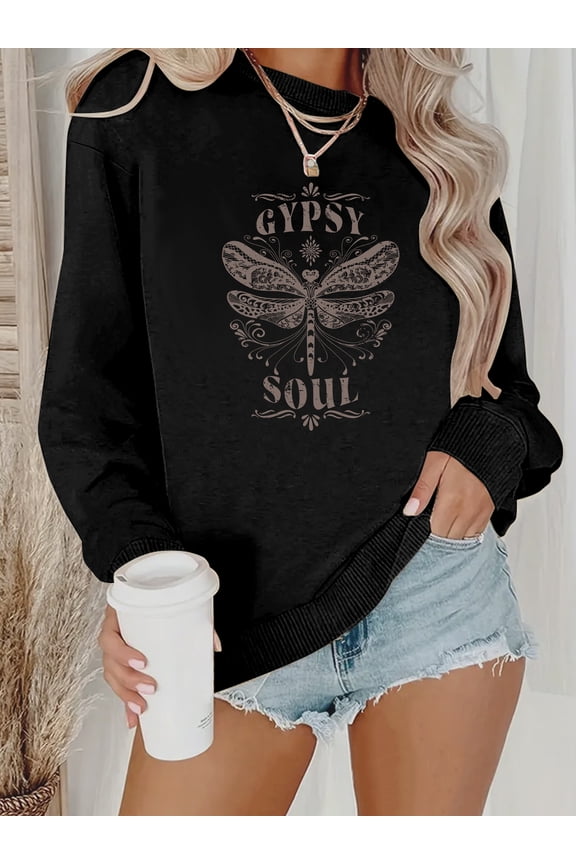 Cozy Women's Gypsy Soul Dragonfly Print Sweatshirt - Long Sleeve Round Neck All-Season Hoodie, Casual Crew Neck Knit Pullover
