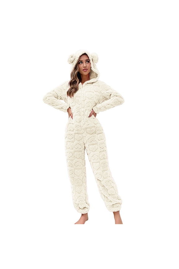Cozy Women's Hooded Pajamas Long Sleeve Jumpsuit For Winter Home Wear Comfortable Loungewear Outfit