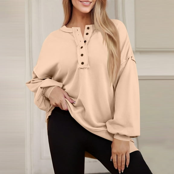 Cozy Women’s Long Sleeve Button Pullover Tunic Tops, Solid Color Casual Loose Fit Fashion Sweatshirt Blouse Beige