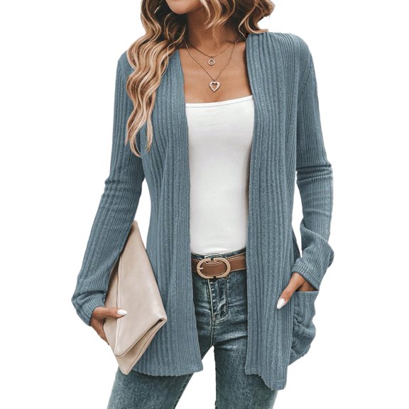 Cozy Women's Stone Blue Knit Cardigan with Pockets – Ribbed Open Front Long Sleeve Top for Fall Outings [ZhiHiMeRi] | M