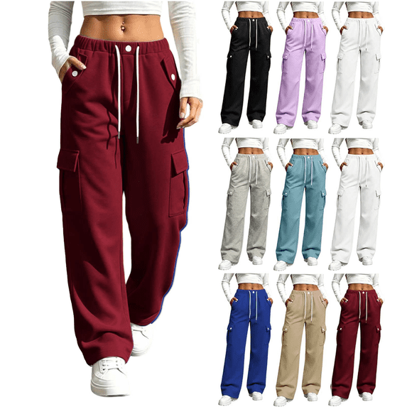 Cozy Women's Sweatpants Wide Leg Elastic Waist Drawstring Fashion Casual Solid Color Sweatpants Cuffed Side Pockets Pants