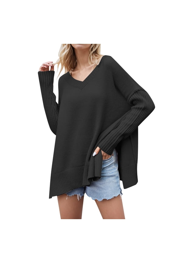 Cozy Women's V Neck Patchwork Sweater Loose Fit Comfortable Winter Fall Fashion EU US Style Casual Knit Pullover