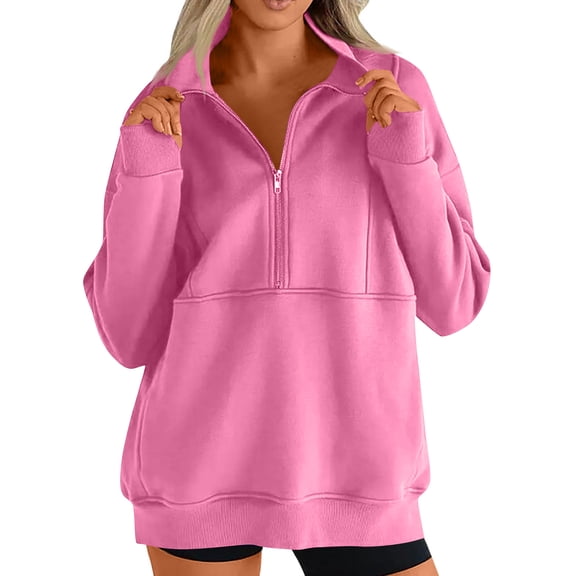Cozy Women’s Zip Collar Sweatshirt, Casual Long Sleeve Loose Pullover Top, Warm Oversized Fleece Hoodie Hot Pink