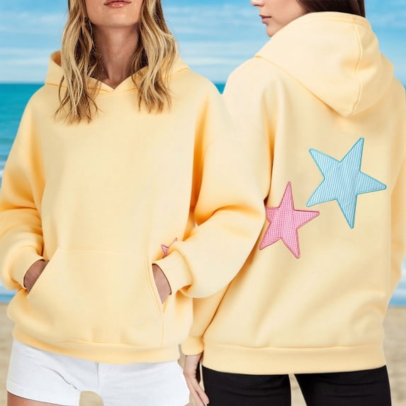 Cozy Womens Hoodies Casual Loose Fit Embroidered Star Hooded Sweatshirt with Pocket for Everyday Wear Womens Sweatshirt Yellow L