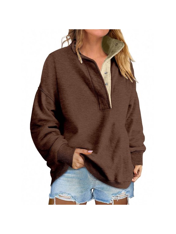 Cozy Womens Oversized Henley Snap Neck Sweatshirt Fleece Lined Long Sleeve Casual Tops for School and Weekend Outfits 2026 Light Brown M