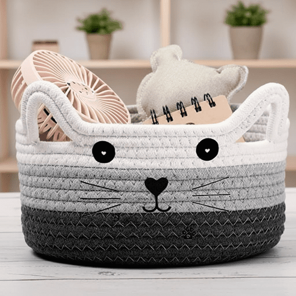 Cozy Woven Cat Basket with Ears, Decorative Cotton Rope Pet Toy Organizer and Storage Bin for Kittens, Puppies, Nursery or Living Room, Gift Idea in White, Light Gray and Gray (8.3 x 4.7 Inch)