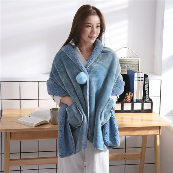 Cozy Wrap Shawl with Large Front Pockets - Keeps Hands and Shoulders Warm Wearable Blanket Throw Flannel Cape blue