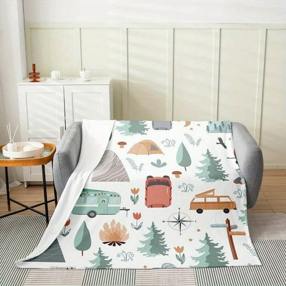 Cozy Youngsters Camper Theme Throw Blanket - Queen Size, Soft Flannel with Botanical & Mountain Adventure Design, Perfect for RV, Travel
