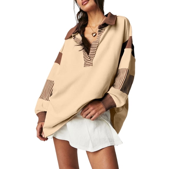 Cozy and Casual Women's Sweatshirt with Stripe Pattern and Patchwork Details