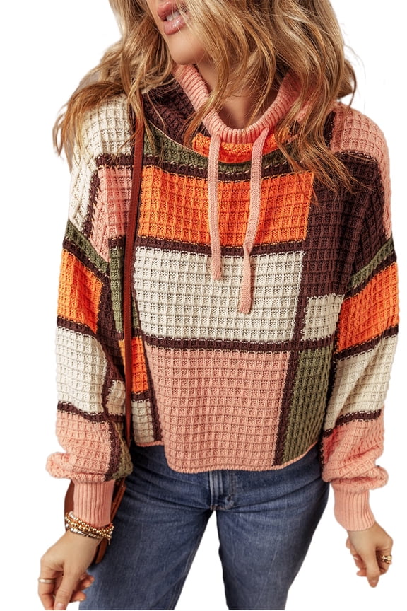 Cozy and Chic Mock Neck Sweater for Women - Orange ColorBlock | [ZhiHiMeRi] | (US 4-6)S