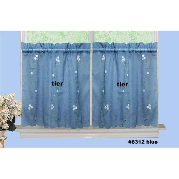 Cozy and Elegance - Daisy Embroidery Kitchen Curtain Valance Tiers or Swags BLUE