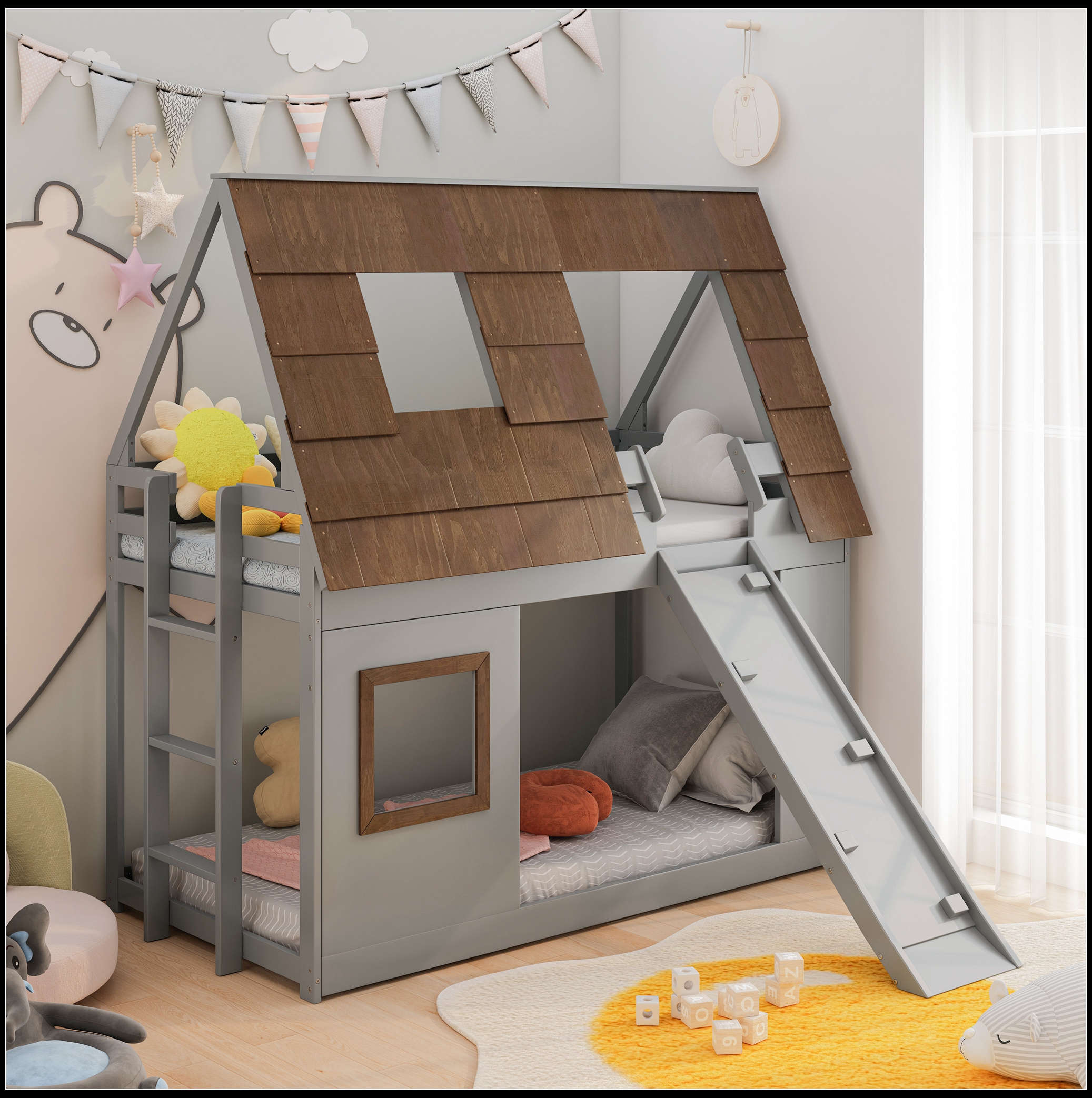 Cozy and Fun Wood Twin Size House Bunk Bed with Window Roof Shape ...