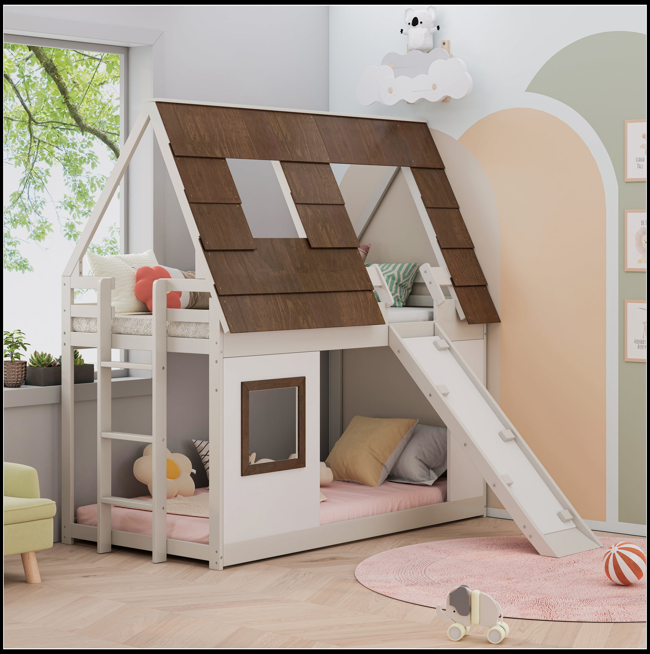 Cozy and Fun Wood Twin Size House Bunk Bed with Window Roof Shape ...