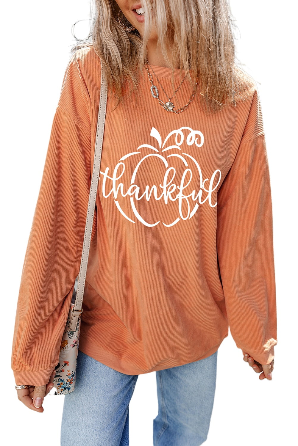 Cozy Corded Graphic Sweatshirt Orange Pumpkin Spice Graphic Corded