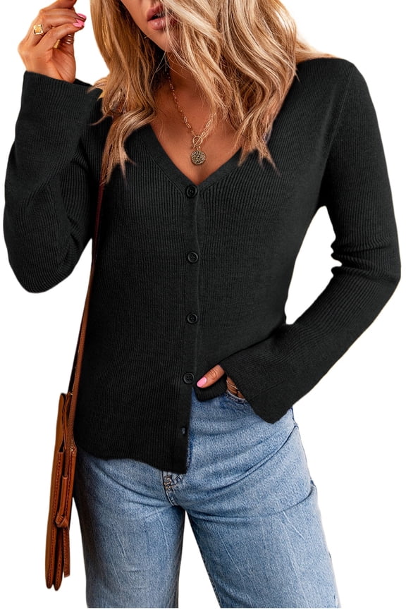 Cozy and Stylish Black Ribbed Cardigan - Long Sleeve V Neck with Button Front - [ZhiHiMeRi] | XL